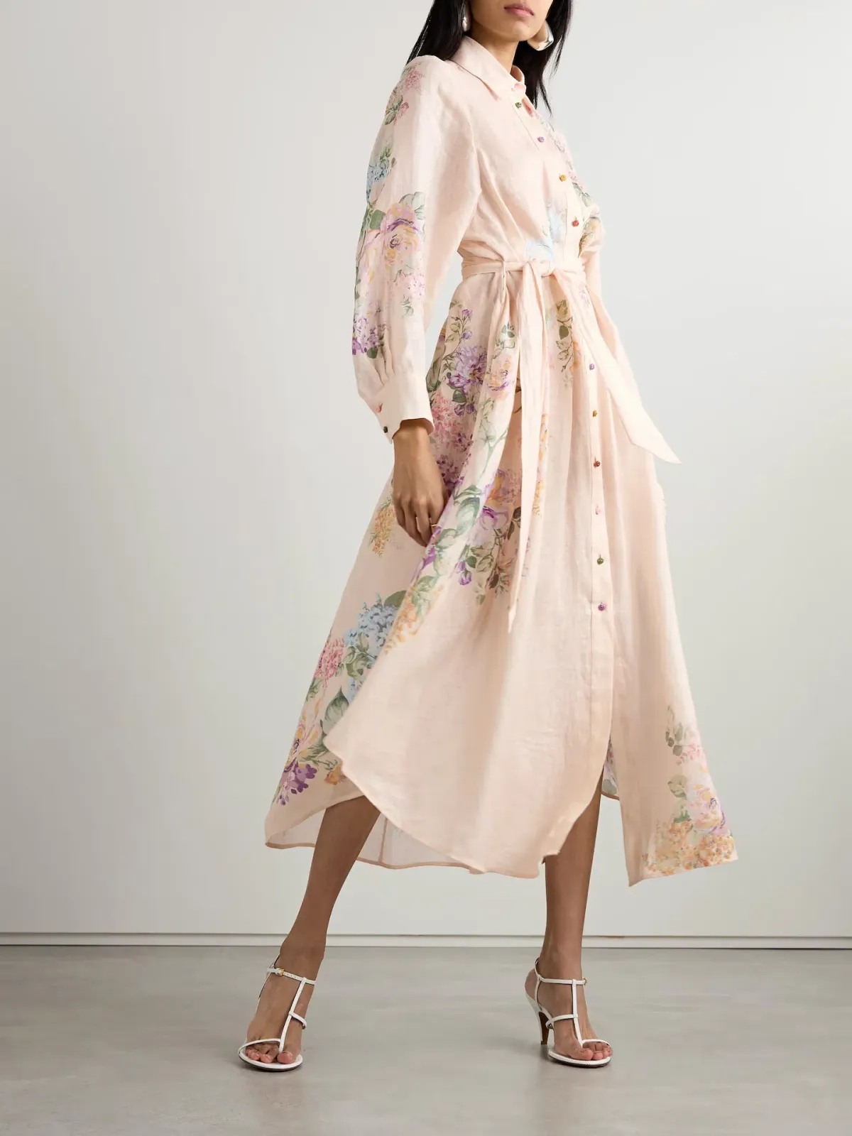 Zimmermann Halliday Long Sleeve Linen Midi Shirtdress in Cream Watercolour Floral Size 0 / AU 8 - Image 1