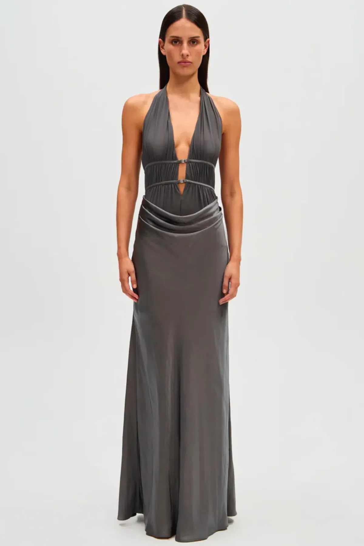 Misha Celine Satin Maxi Dress Pewter Size 10 - Image 2