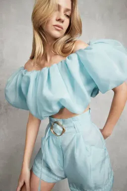 Aje Riviera Off Shoulder Tube Silk Top & Braided Silk Short Set Ice Blue Size 8 for rent on The Volte - image 4