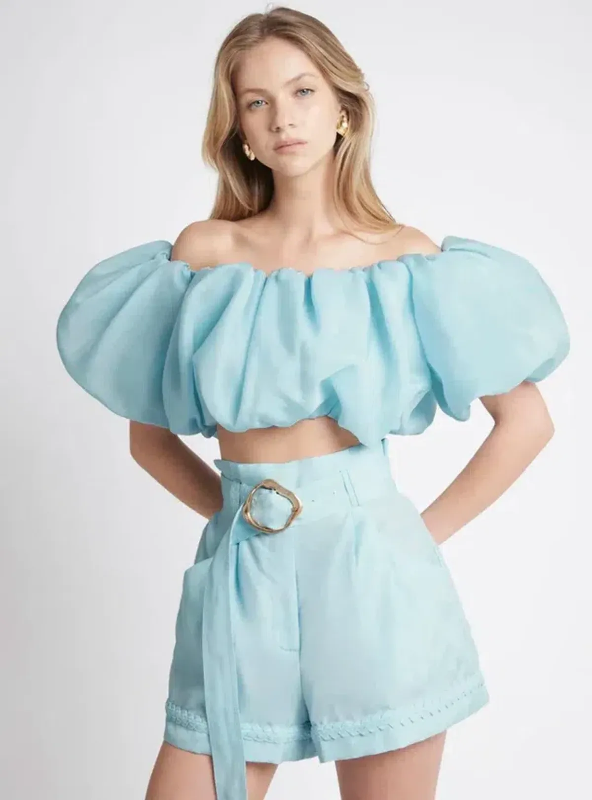 Aje Riviera Off Shoulder Tube Silk Top & Braided Silk Short Set Ice Blue Size 8 - Image 2