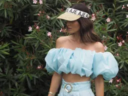 Aje Riviera Off Shoulder Tube Silk Top & Braided Silk Short Set Ice Blue Size 8 for rent on The Volte - image 5