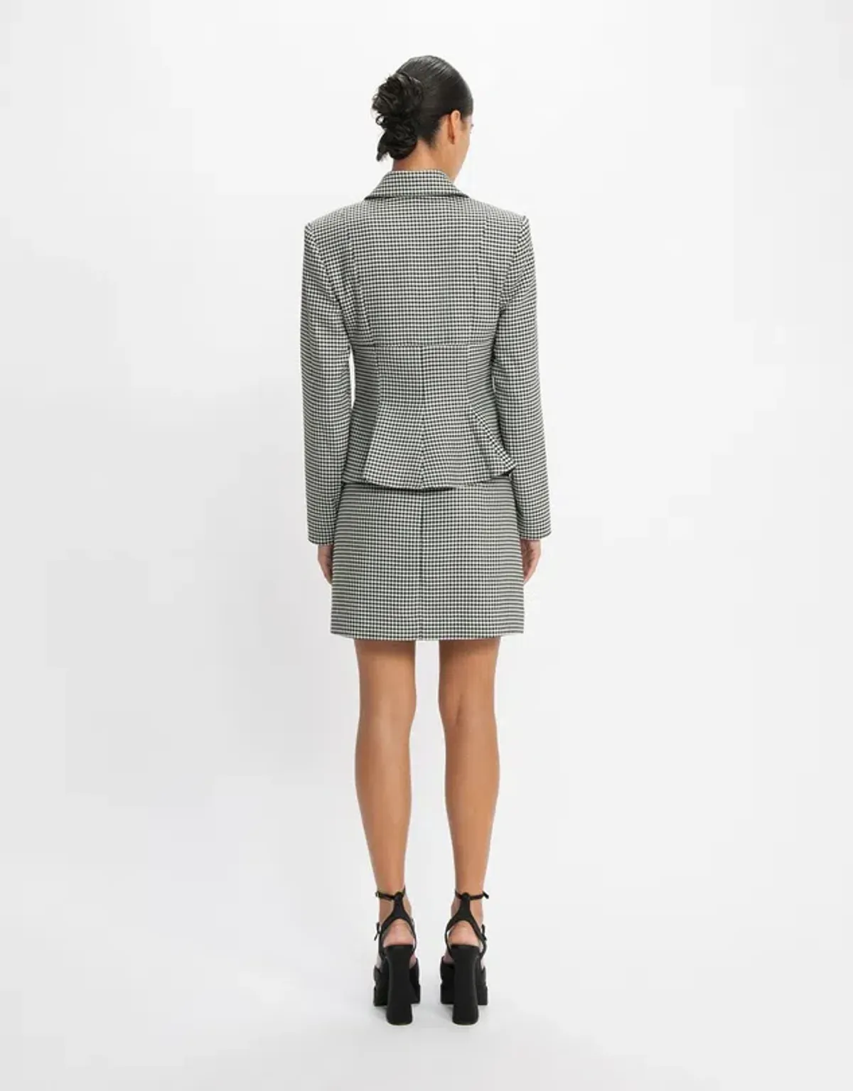 Cue Houndstooth Collared Peplum Jacket & A-Line Mini Skirt Power Suit Size 8 & 10 - Image 3