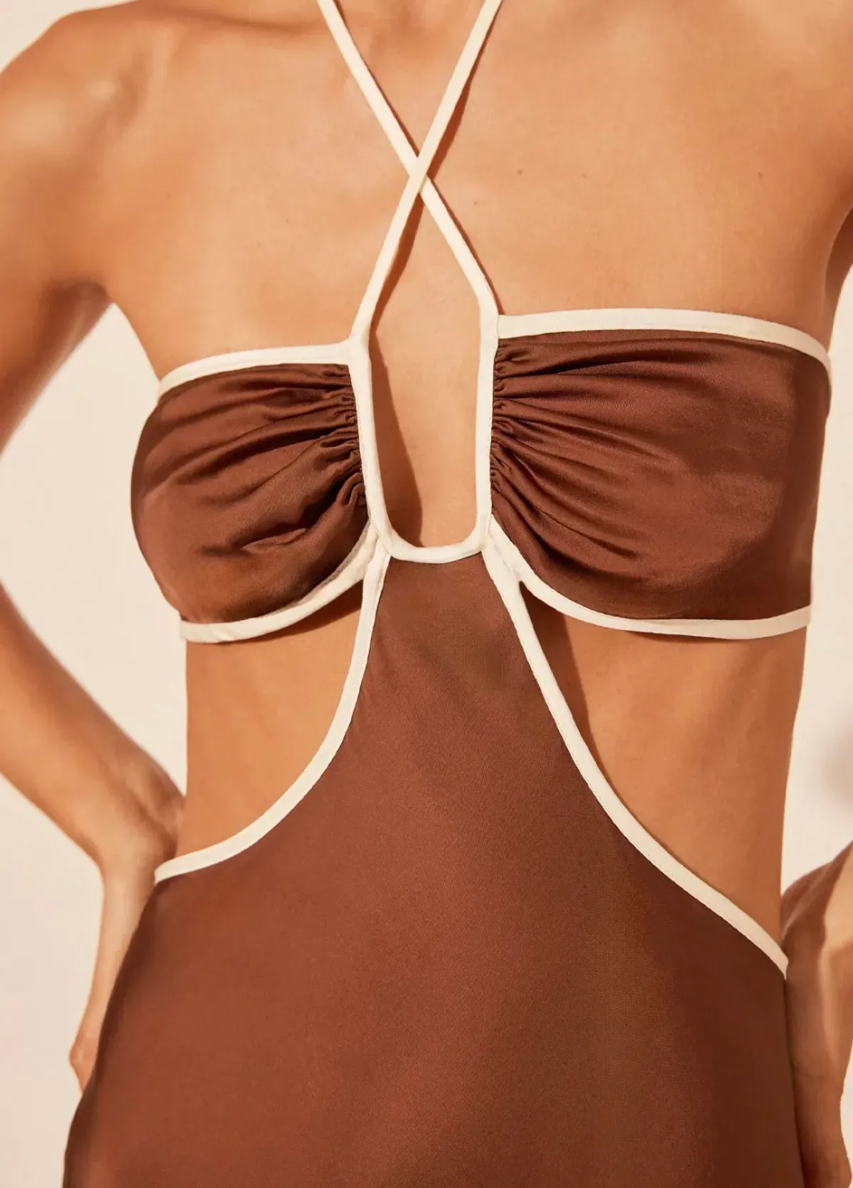 Shona Joy Contrast Halter Midi Dress Chocolate/Ivory Size 8 - Image 4