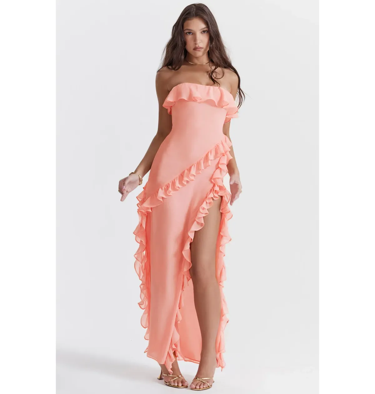House of CB Ruffle Strapless Maxi Dress Apricot Size XS / AU 6 - Image 2