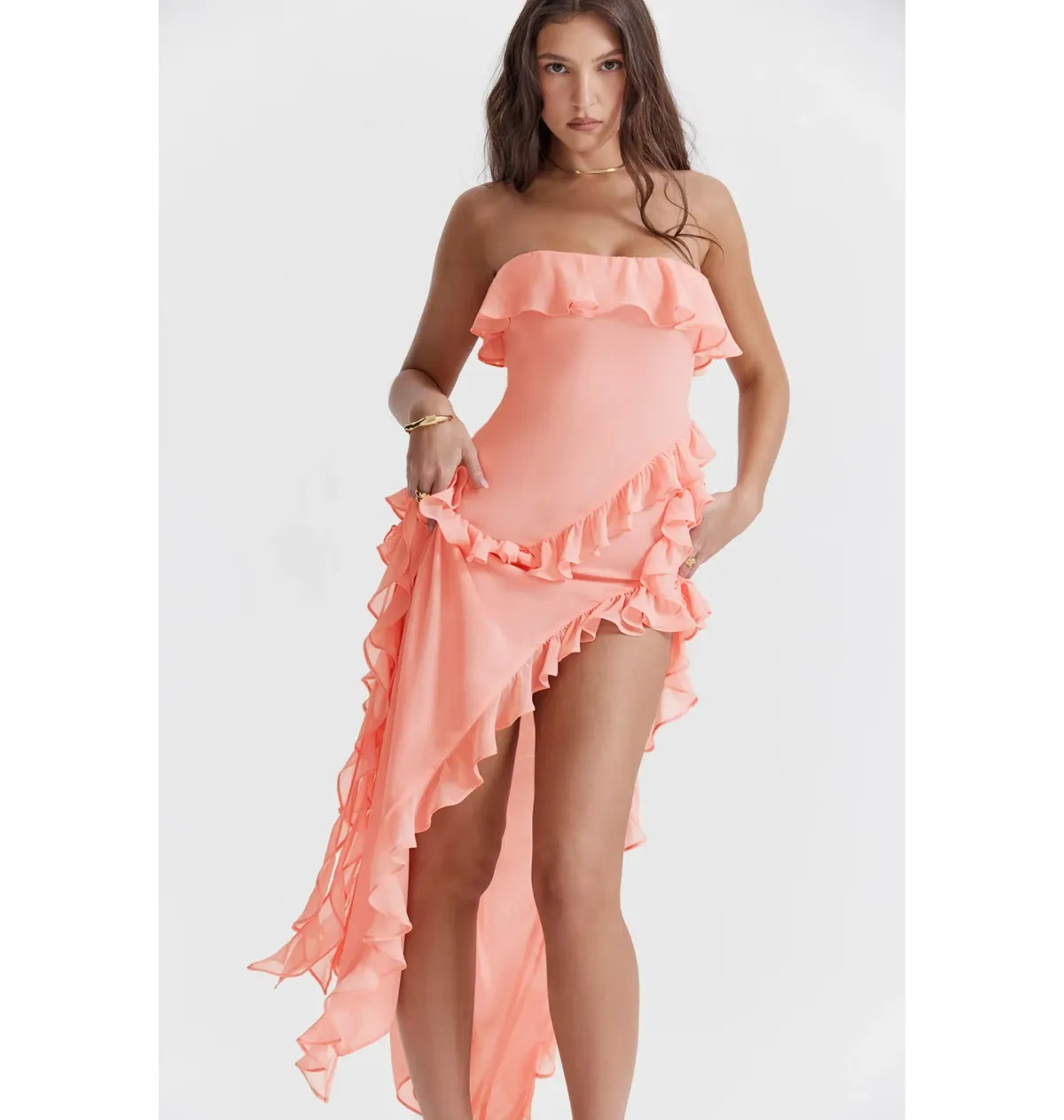 House of CB Ruffle Strapless Maxi Dress Apricot Size XS / AU 6 - Image 6