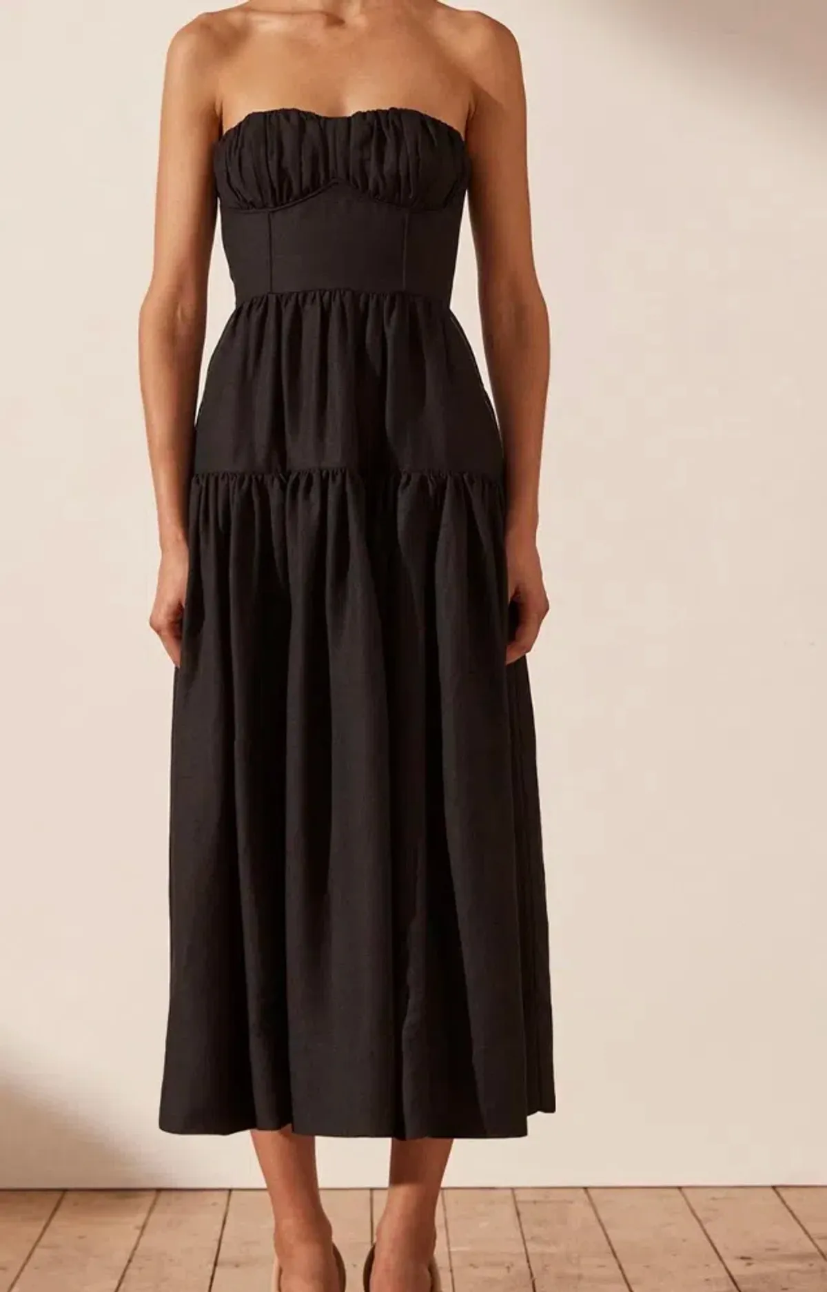 Morgan Strapless Ruched Midi Dress Size 6 - Image 1