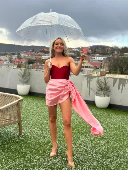 Khirzad Femme Femme Fatale Corset Royal Red and Mestisa Mini Skirt Candy Pink Set Size S / AU 8 for rent on The Volte - image 2