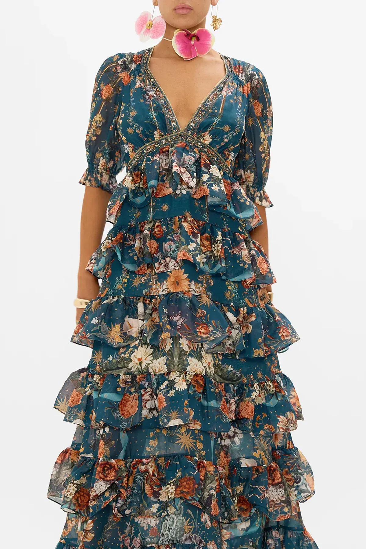 Camilla She Who Wears the Crown Puff Sleeve Tiered Long Dress Floral Size S (AU 10) - Image 4