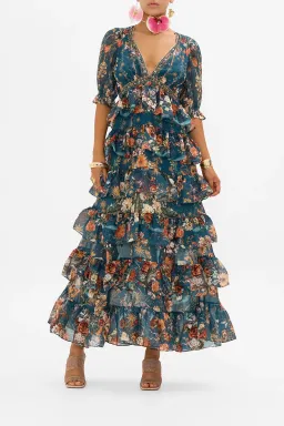 Camilla She Who Wears the Crown Puff Sleeve Tiered Long Dress Floral Size S (AU 10) for rent on The Volte - image 1