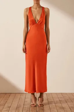 Shona Joy Milo Plunge Cross Back Midi Dress Hibiscus Size 12 for rent on The Volte - image 1