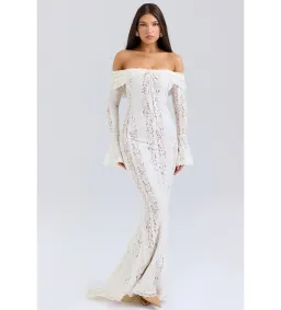 House of CB Belle  Lace Off Shoulder Maxi Dress Vintage Cream Flora Size XS/Au 6  for rent on The Volte - image 3