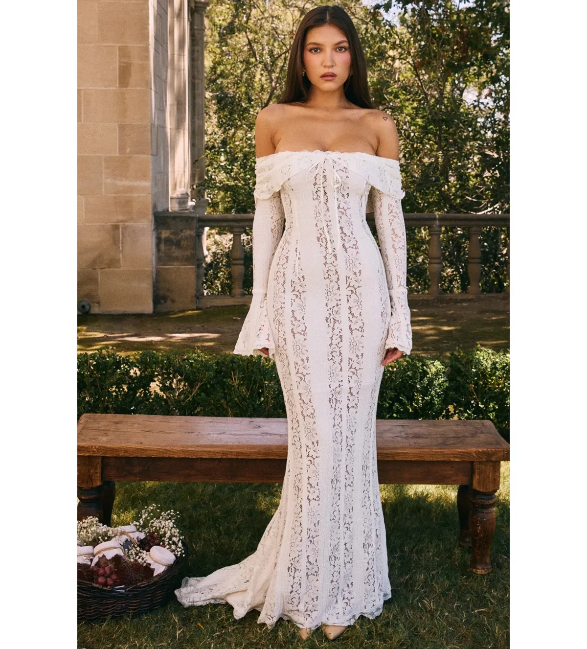 House of CB Belle  Lace Off Shoulder Maxi Dress Vintage Cream Flora Size XS/Au 6  - Image 1