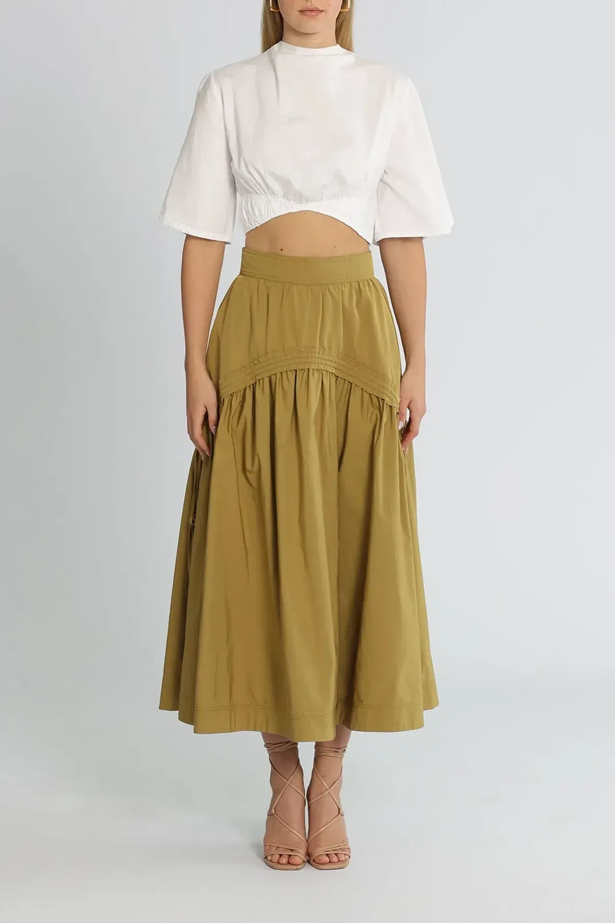 Aje Cosmos Drawstring Midi Skirt in Olive Green Size 10 - Image 1