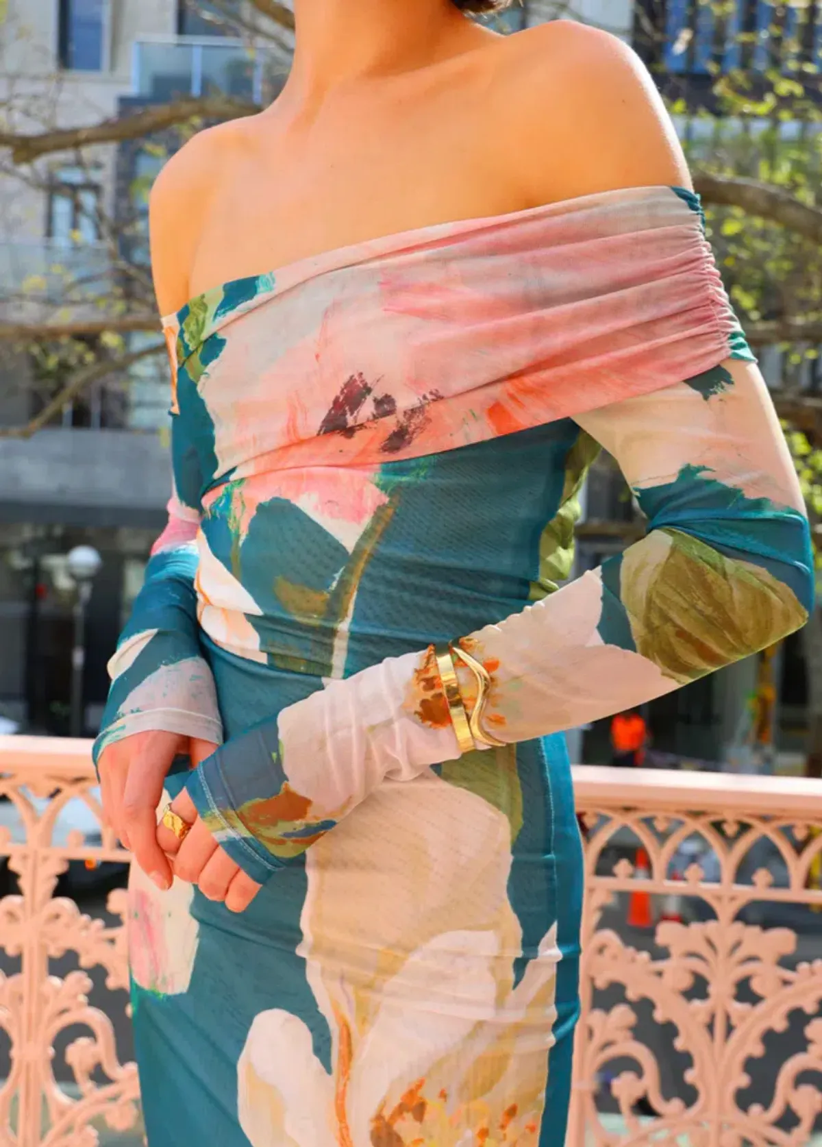 By Nicola Paloma Off Shoulder Mesh Dress Pine Green Floral Print Size 10 - Image 4