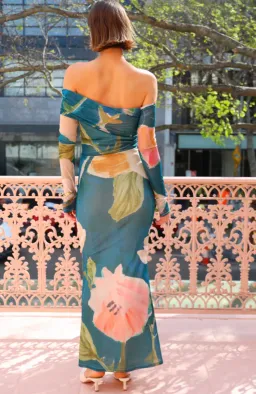 By Nicola Paloma Off Shoulder Mesh Dress Pine Green Floral Print Size 10 for rent on The Volte - image 3