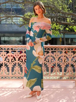 By Nicola Paloma Off Shoulder Mesh Dress Pine Green Floral Print Size 10 for rent on The Volte - image 1