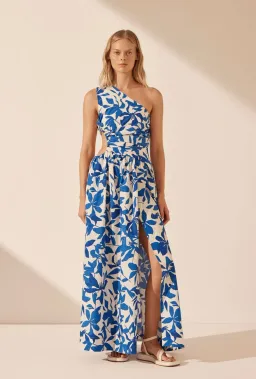Shona Joy Bleue Asymmetrical Cut Out Maxi Dress Ivory/Aqua Print Size 12 for rent on The Volte - image 1