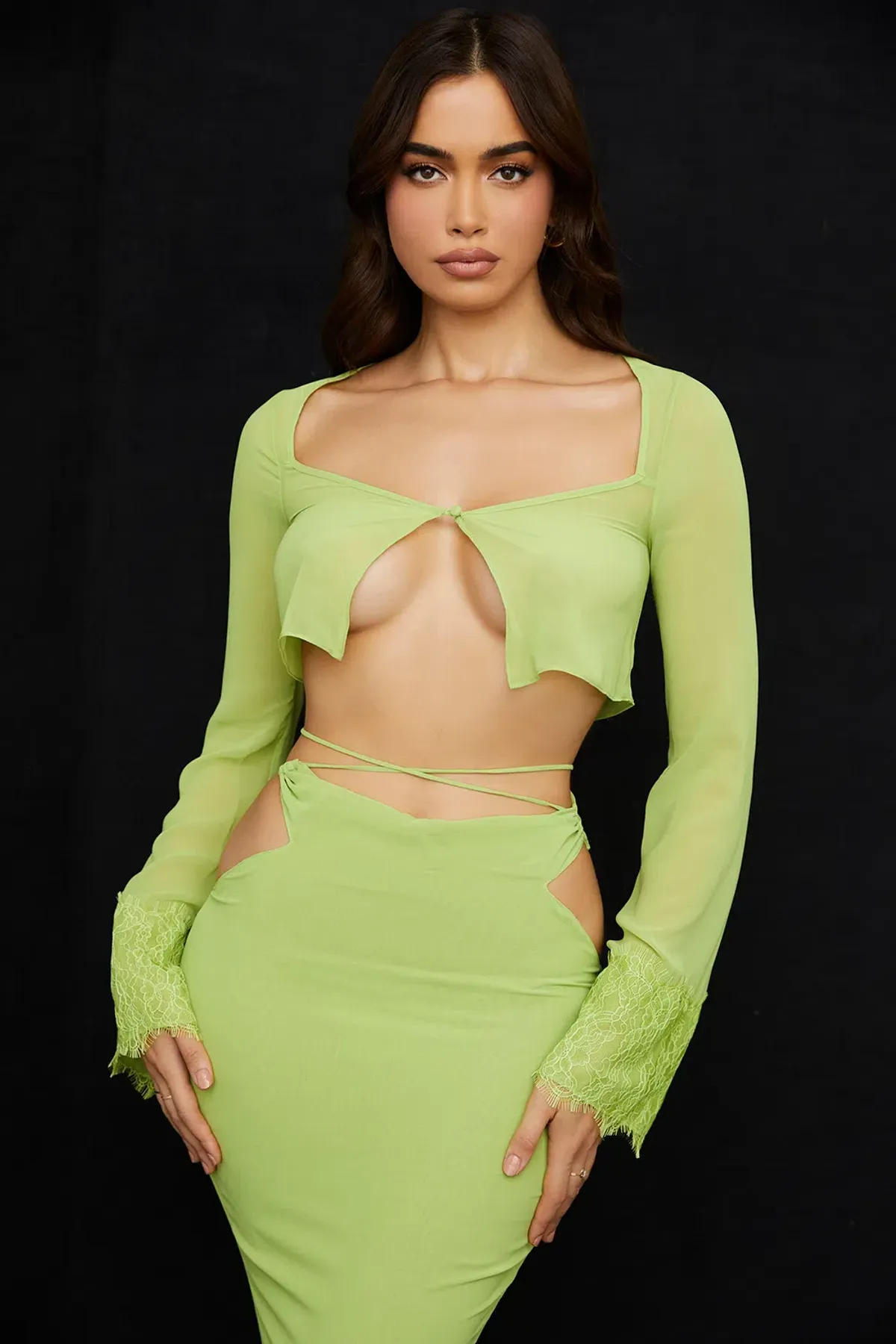 House of CB Tara Georgette Cropped Top Size M & Madeline Georgette Maxi Skirt Size L Set Lime Green - Image 4
