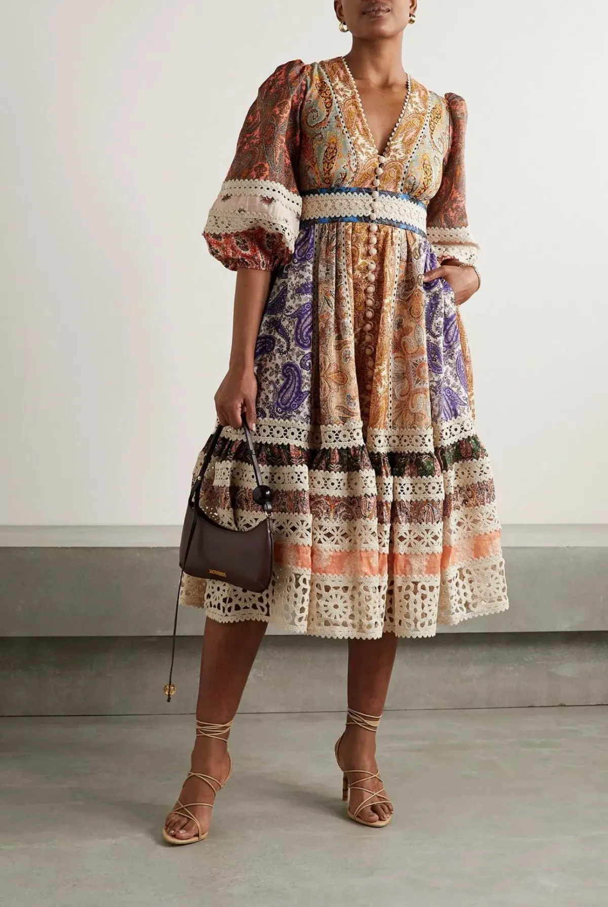 Zimmermann Crochet Trimmed Patchwork Ppaisley Midi Dress Print Size 1 / AU 10 - Image 1