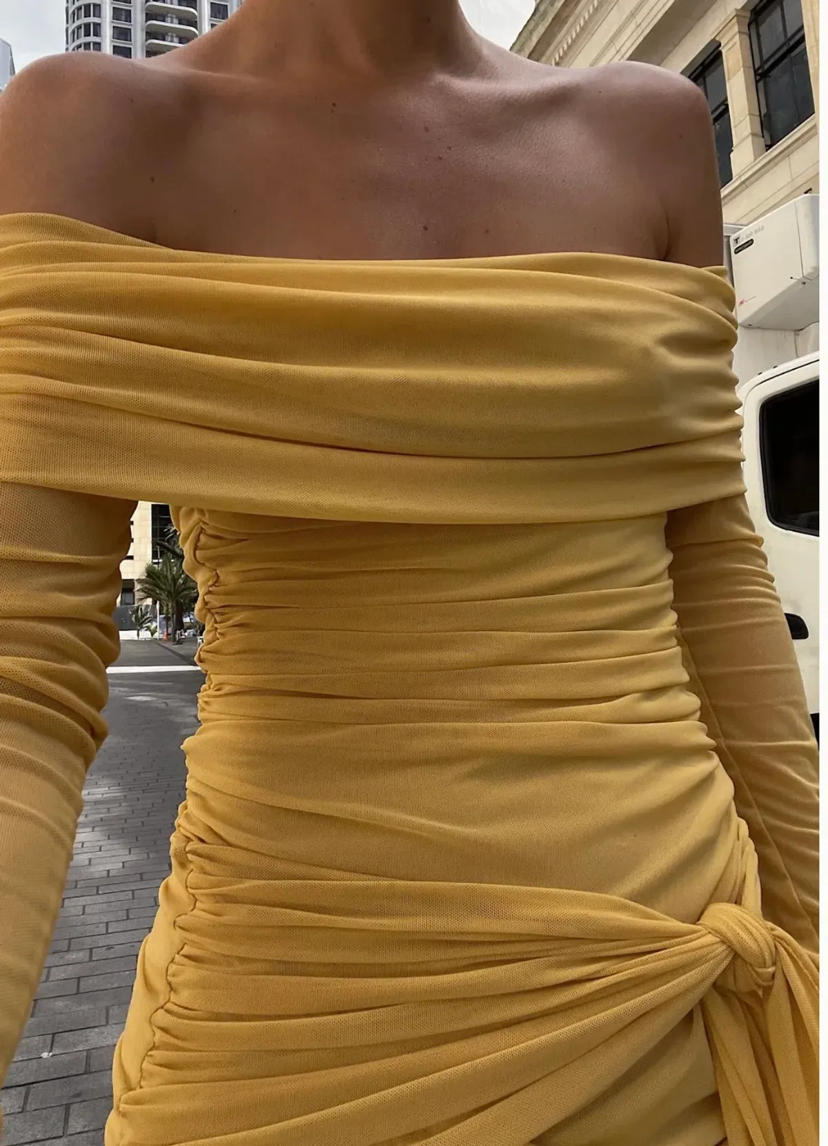 Benni Yasmin Off The Shoulder Mini Dress Mustard Size 8 - Image 5