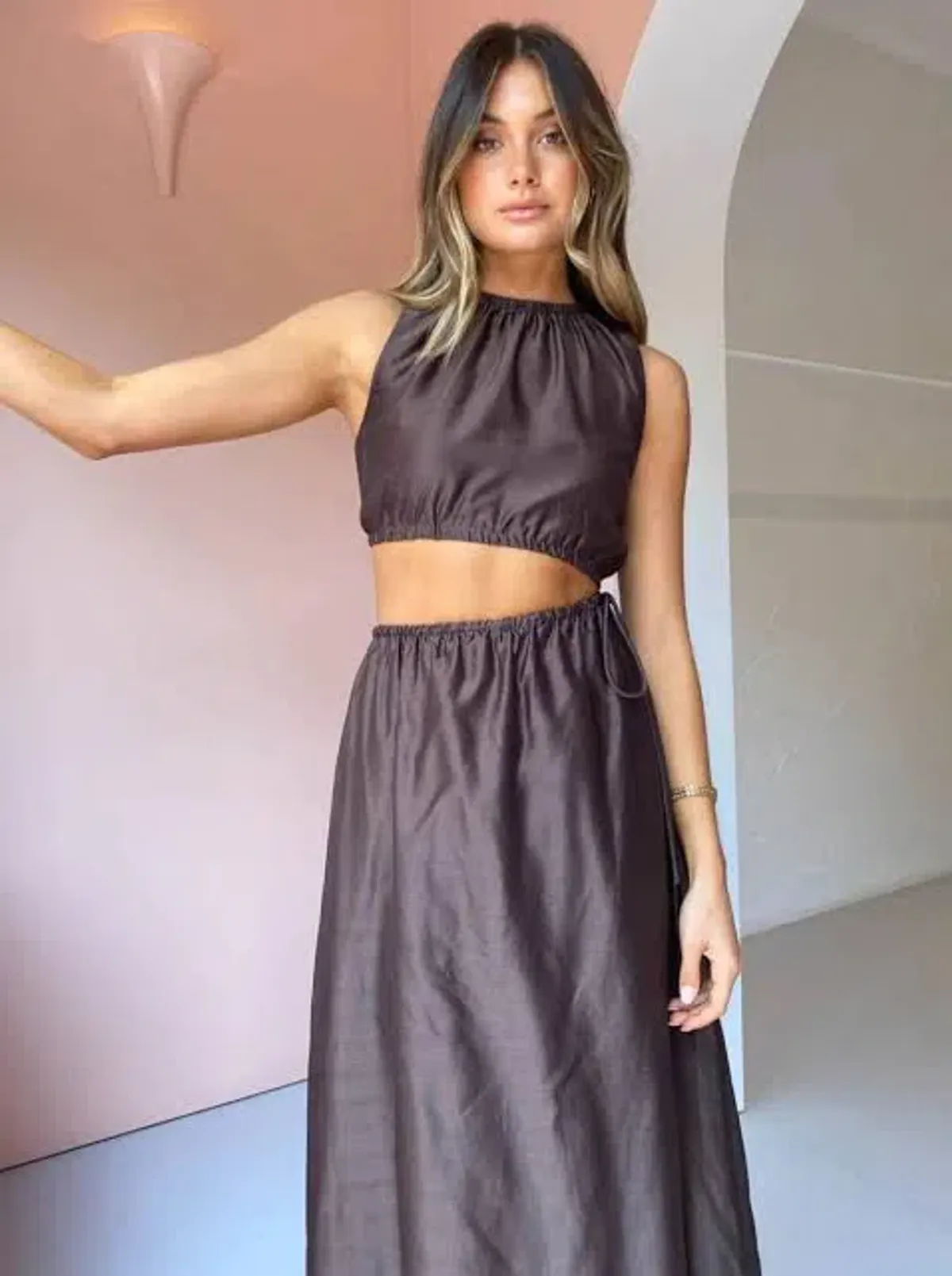 Sir The Label Anje Asymmetrical Cut Out Dress In Chocolate Size 1 / AU 8 - Image 2