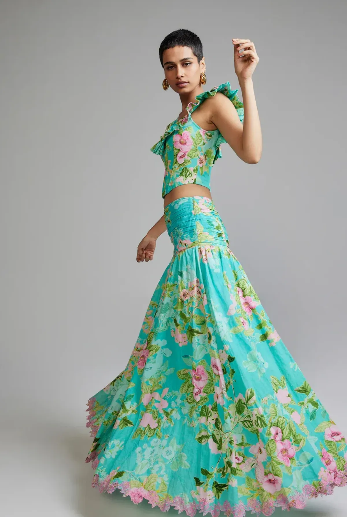 Hemant and Nandita Azra Corset Top and Maxi Skirt Set Green Floral Size 8 - Image 2