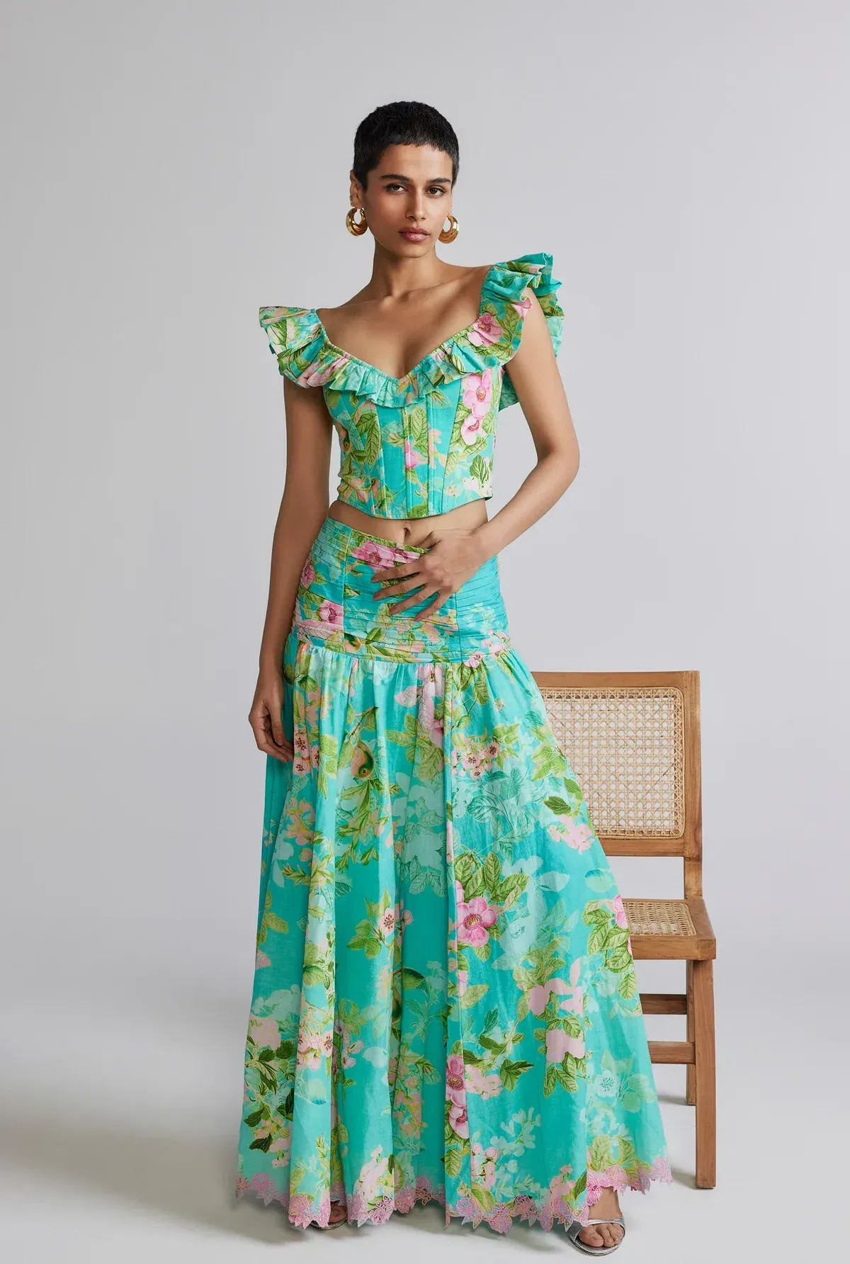 Hemant and Nandita Azra Corset Top and Maxi Skirt Set Green Floral Size 8 - Image 3