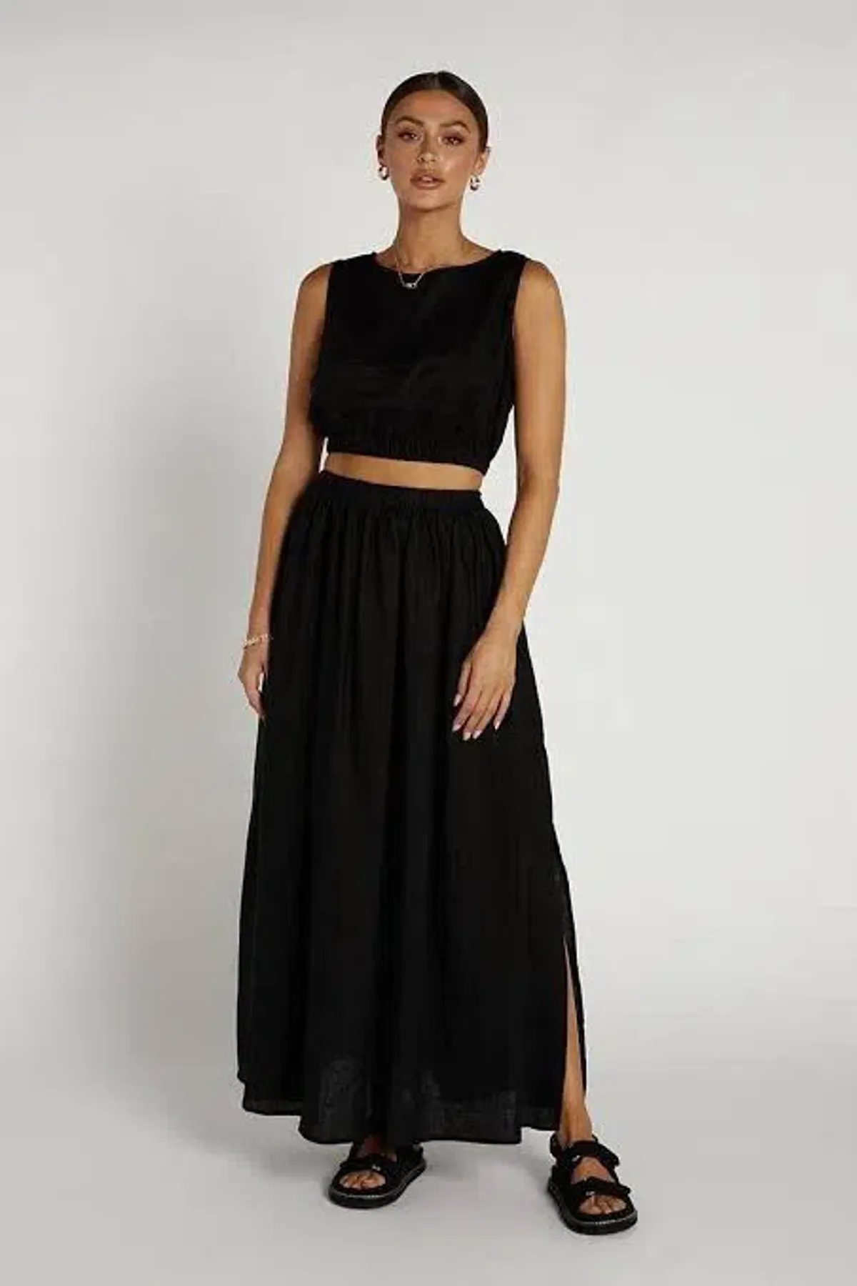 Dissh Dylan Linen Crop and Maxi Skirt Set Black Size 6 - Image 1