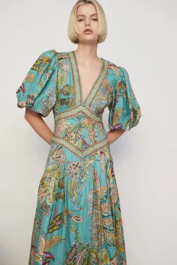 Alemais Franca Linen Midi Dress Green Multi Size AU 12 for rent on The Volte - image 2