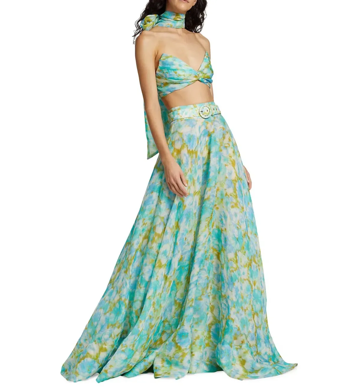 Zimmermann High Tide Twist Crop Bodice & Maxi Skirt Set In Aqua Ikat Floral Size 1 / Au 10 - Image 1