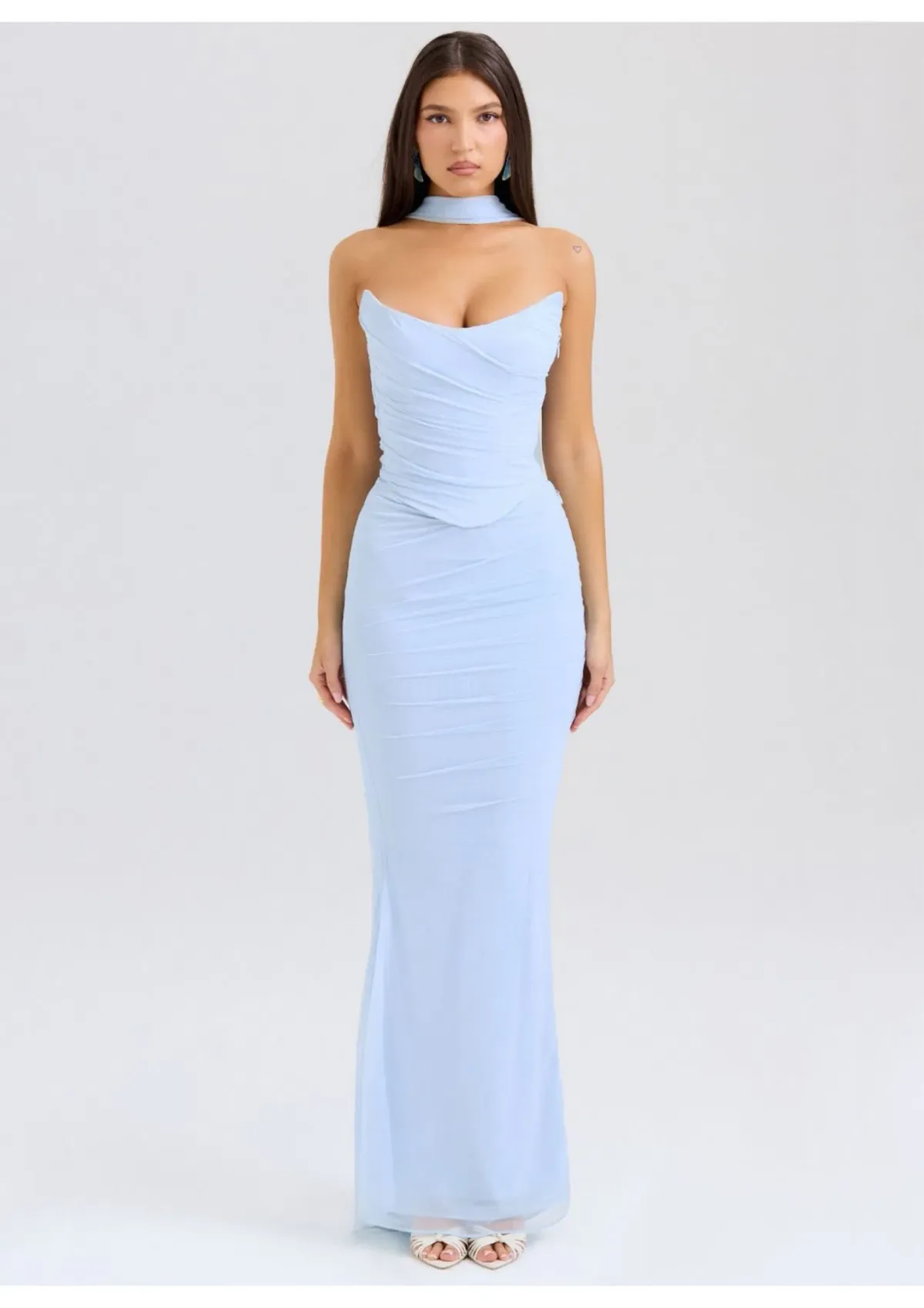House of CB Hallie Strapless Corset With Neck Scarf and Cassidy Fluted Hem Maxi Skirt Set Bluebell Size S / AU 8 - Image 1