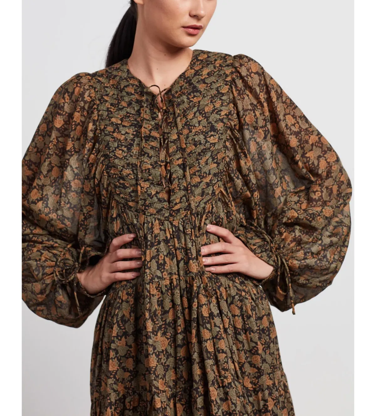 Shona Joy Francine Pin Tuck Balloon Sleeve Midi Dress Print Size 12 - Image 2