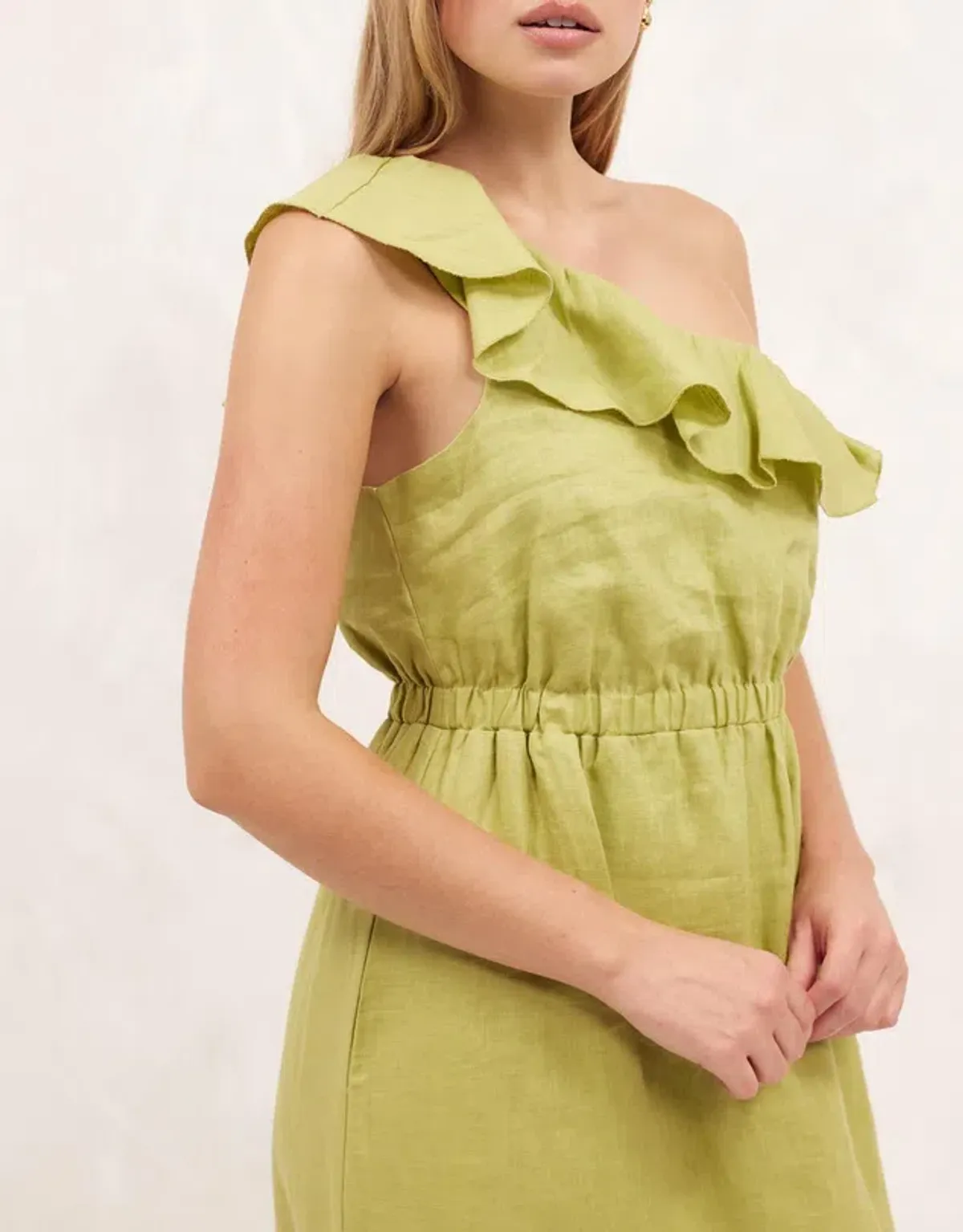 Aere Linen One Shoulder Midi Dress Bay Leaf Green Size 8 - Image 2
