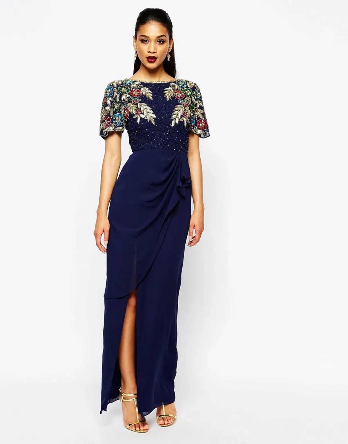 Virgos Lounge Ariann Embellished Maxi Navy Dress With Frill Wrap Skirt Navy Size AU 6 - Image 1