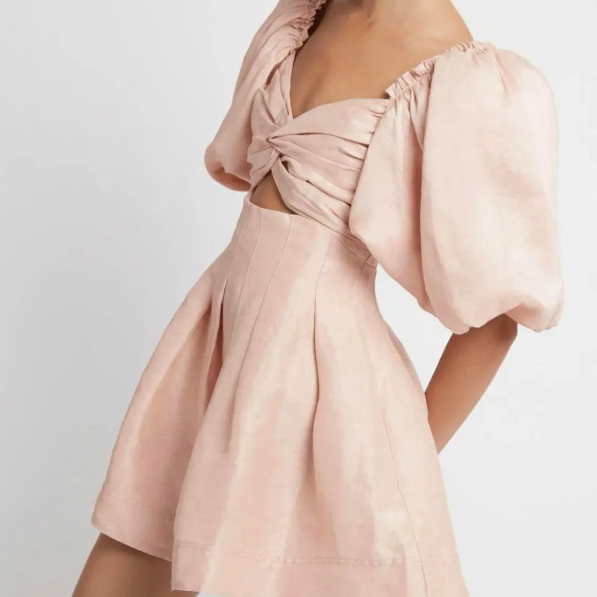 Aje Dusk Knot Puff Sleeve Mini Dress in Pale Pink Size AU 6 - Image 4