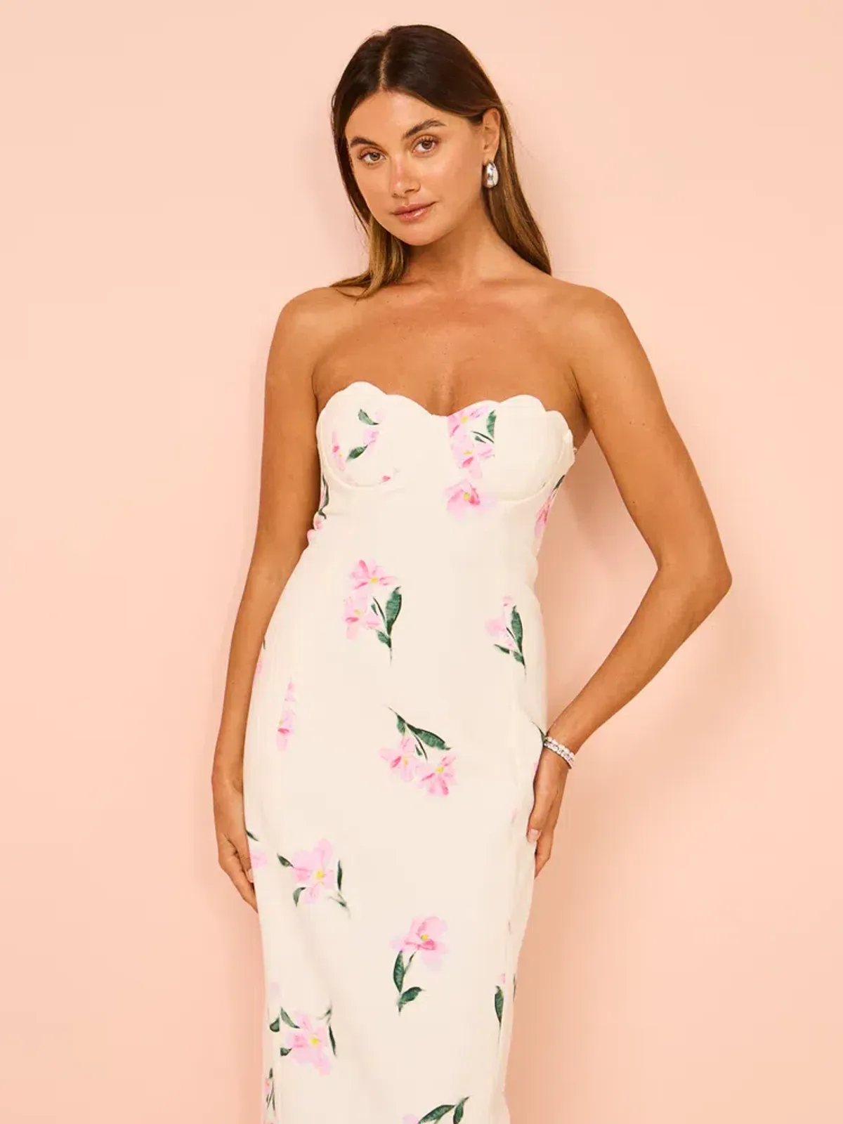 Issy Scalloped Bodice Midi Dress In Rose Print AU 14 - Image 5