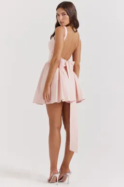 House of CB Florianne Bow Mini Dress in Soft Peach Size 8 for rent on The Volte - image 3