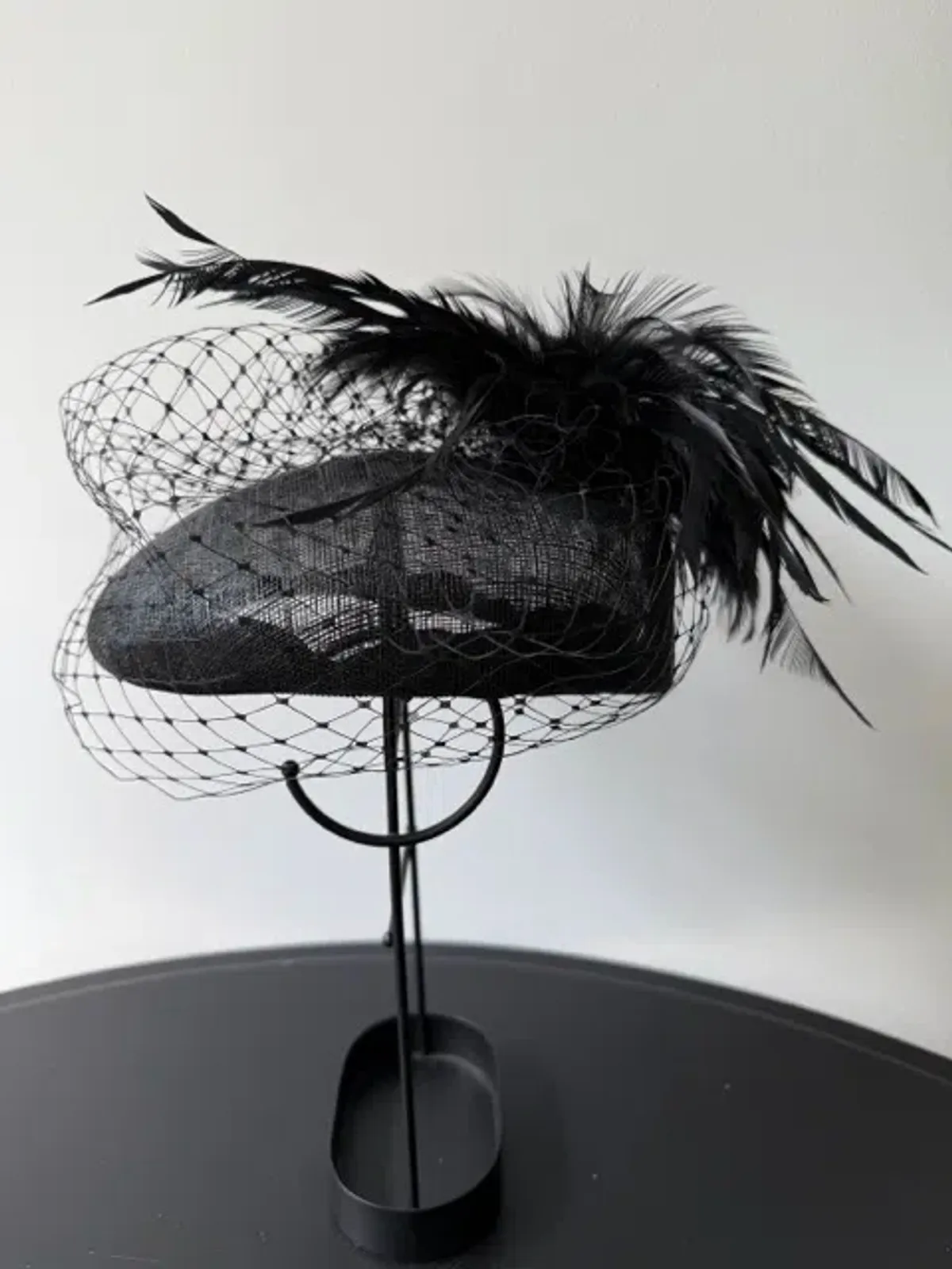 Morgan and Taylor Straw Beret Millinery with Feathers and Veil Black One Size  - Image 2