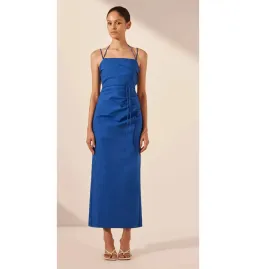 Shona Joy Lani Draped Cross Back Midi Dress Azure Blue Size AU 14  for rent on The Volte - image 1