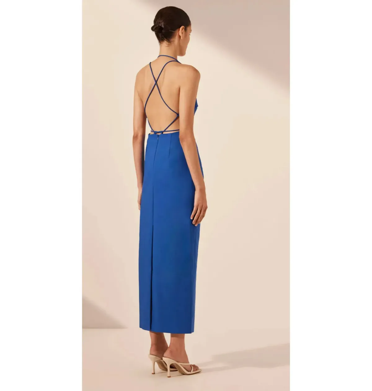Shona Joy Lani Draped Cross Back Midi Dress Azure Blue Size AU 14  - Image 3