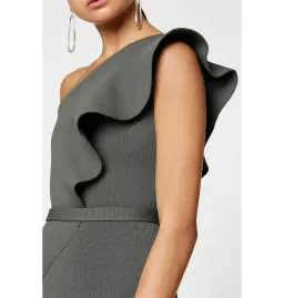 Scanlan Theodore Crepe Knit One Shoulder Ruffle Midi Dress Khaki Size XS / AU 6  for rent on The Volte - image 4