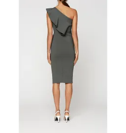 Scanlan Theodore Crepe Knit One Shoulder Ruffle Midi Dress Khaki Size XS / AU 6  for rent on The Volte - image 3
