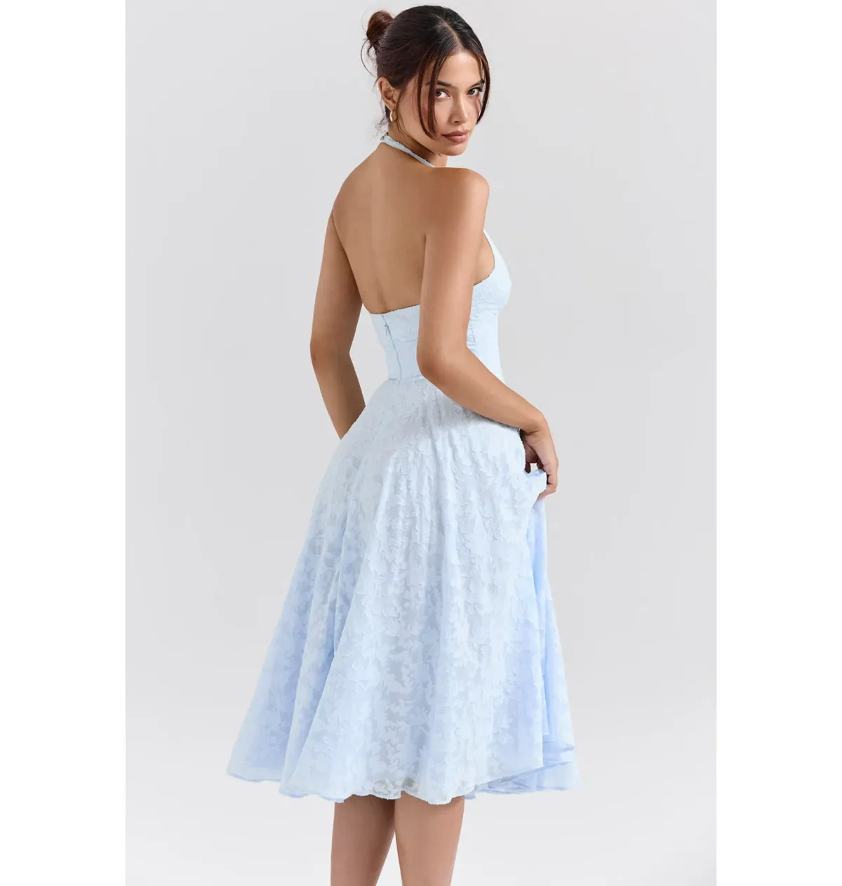 House of CB Arietta Jacquard Halter Midi Dress Bluebell Floral Size AU 6  - Image 3