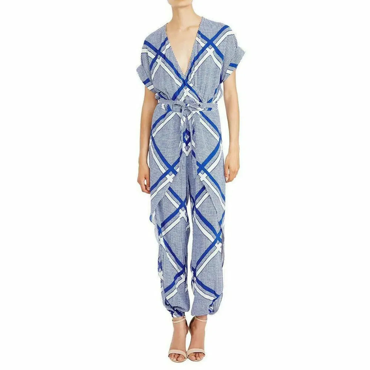 Sass & Bide The Flight Tigers & Lions Split Leg Jumpsuit Blue White Size 8 - Image 3