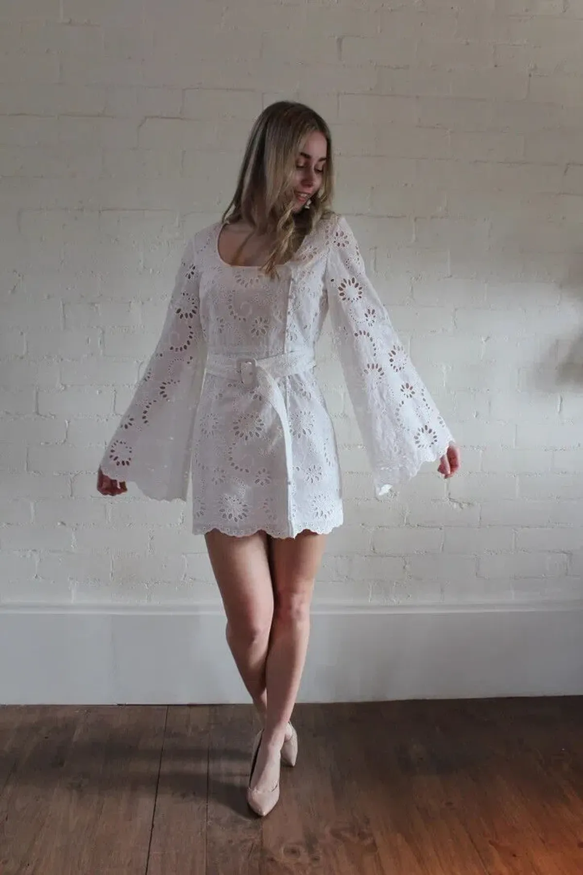 Alice McCall Obscurity Broderie Anglaise Bell Sleeve Belted Mini Dress White Size 8 - Image 5