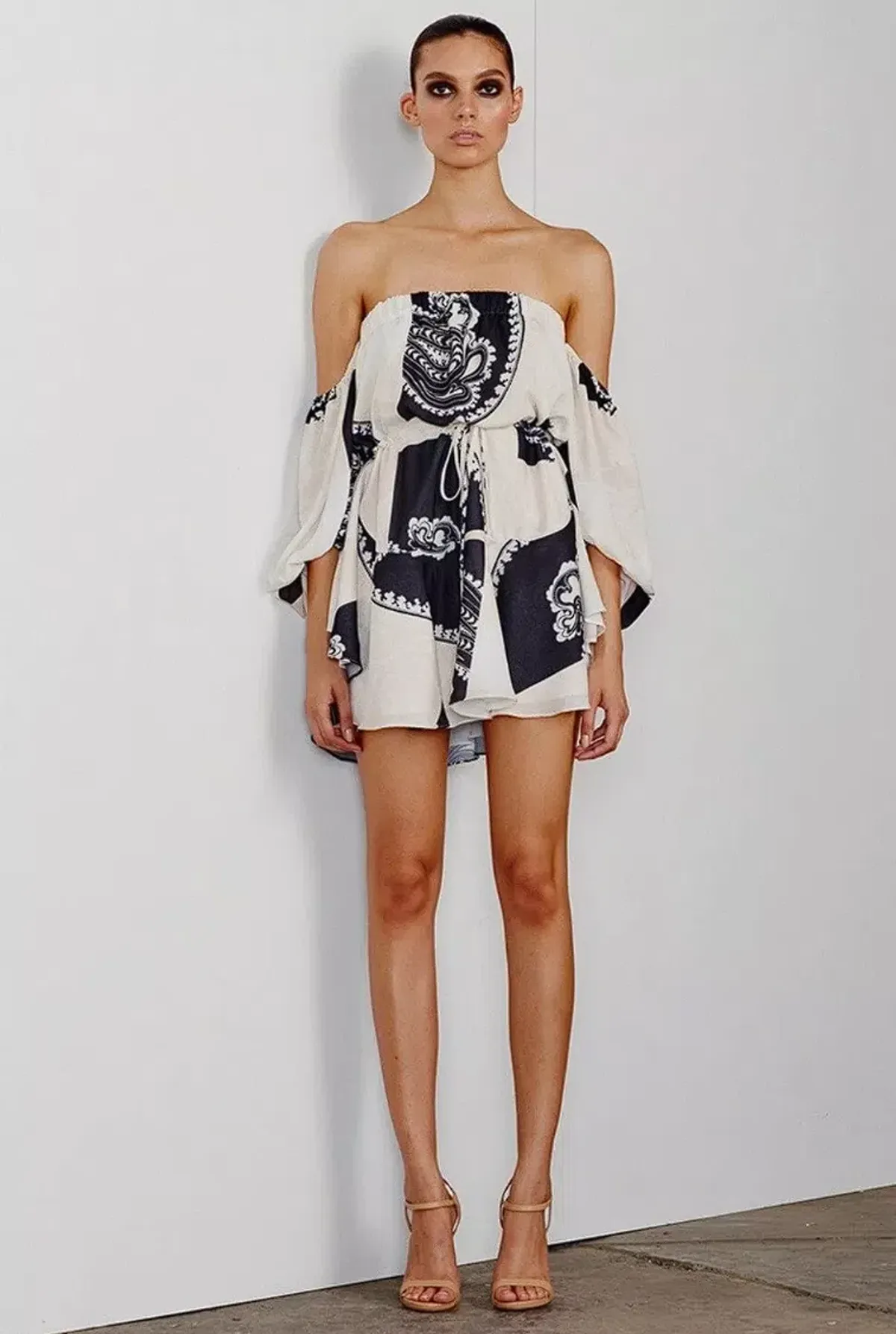 Shona Joy Manuela Off The Shoulder Drawstring Mini Dress Print Size AU 6 - Image 3