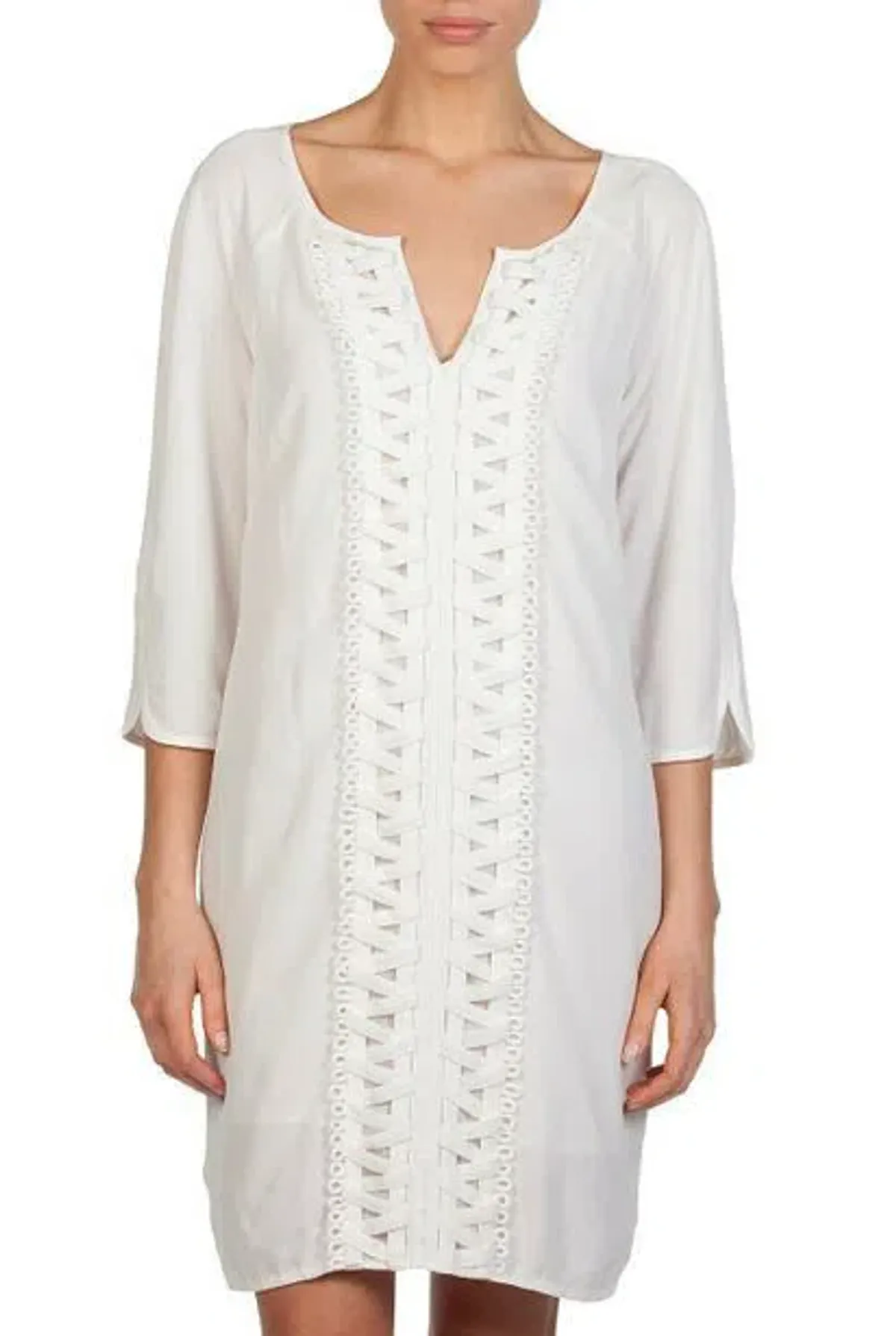 Country Road Lattice Trim 3/4 Sleeve Kaftan Shift Dress White Size 10 - Image 4