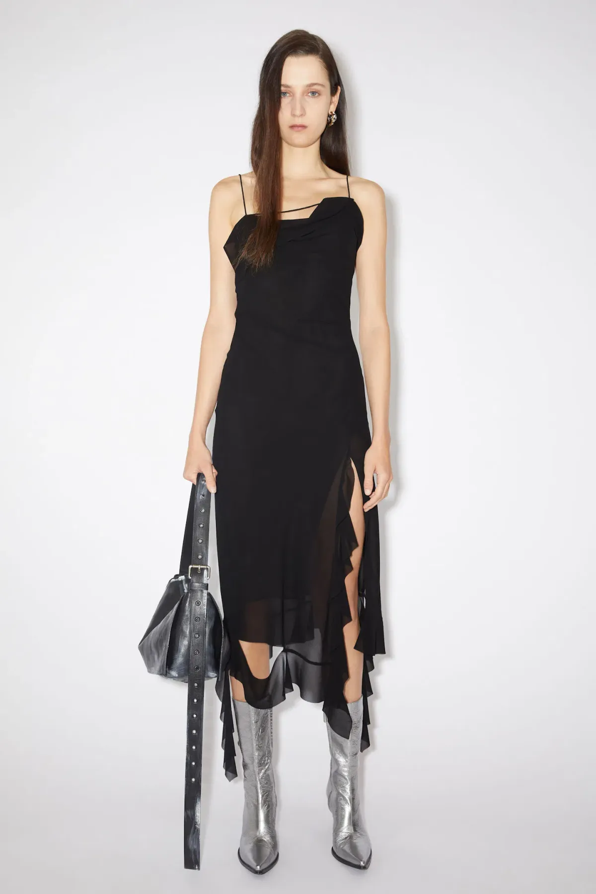 Acne Studios Asymmetrical Ruffled Midi Strap Dress in Black Size 10 - Image 1