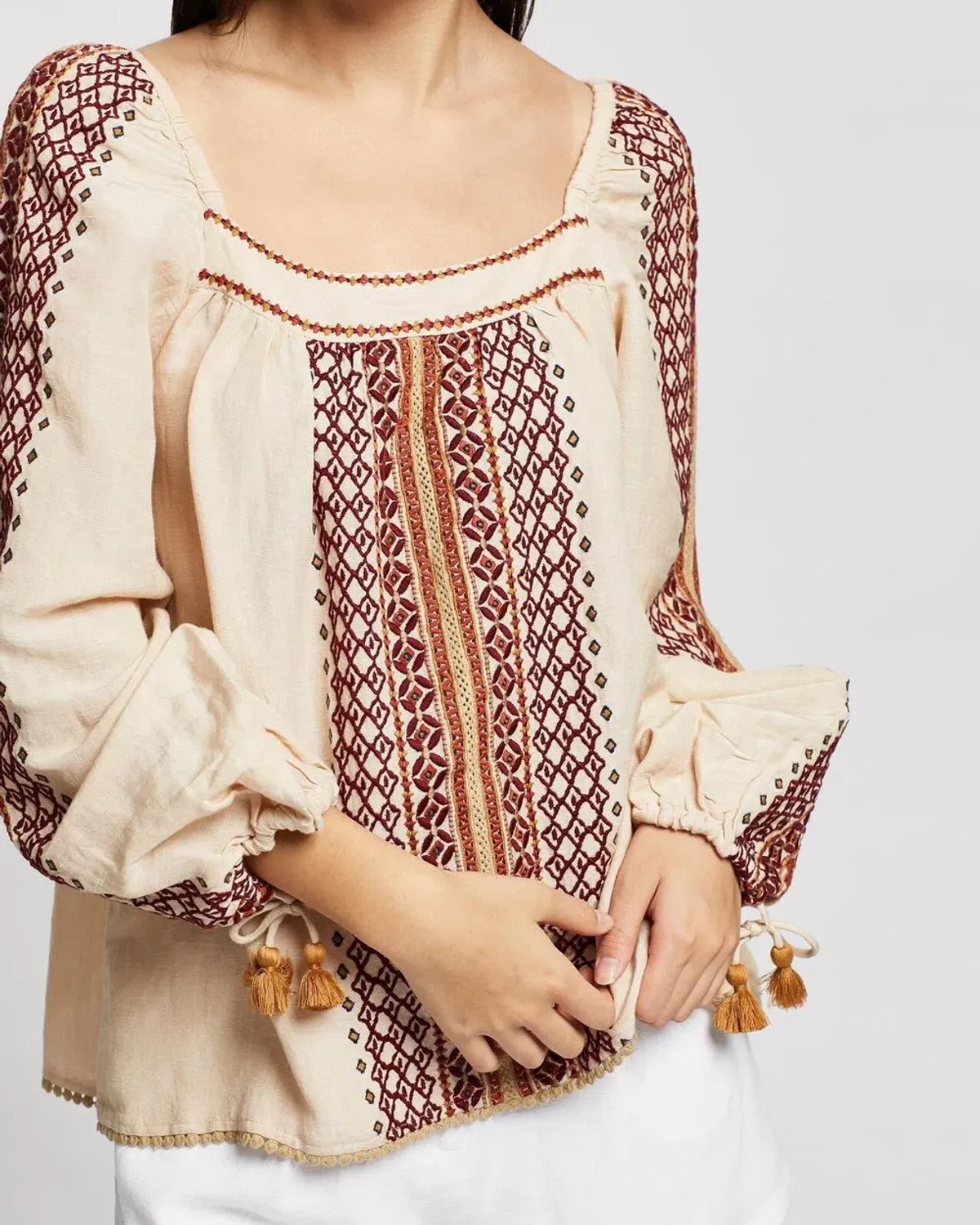 Tigerlily Dellah Embroidered Linen Long Sleeve Blouse Multi Size 12 - Image 5