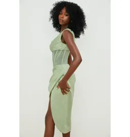 House of CB Lulu Asymmetric Drape Midi Corset Dress in Pistachio Size XS / AU 6 for rent on The Volte - image 3